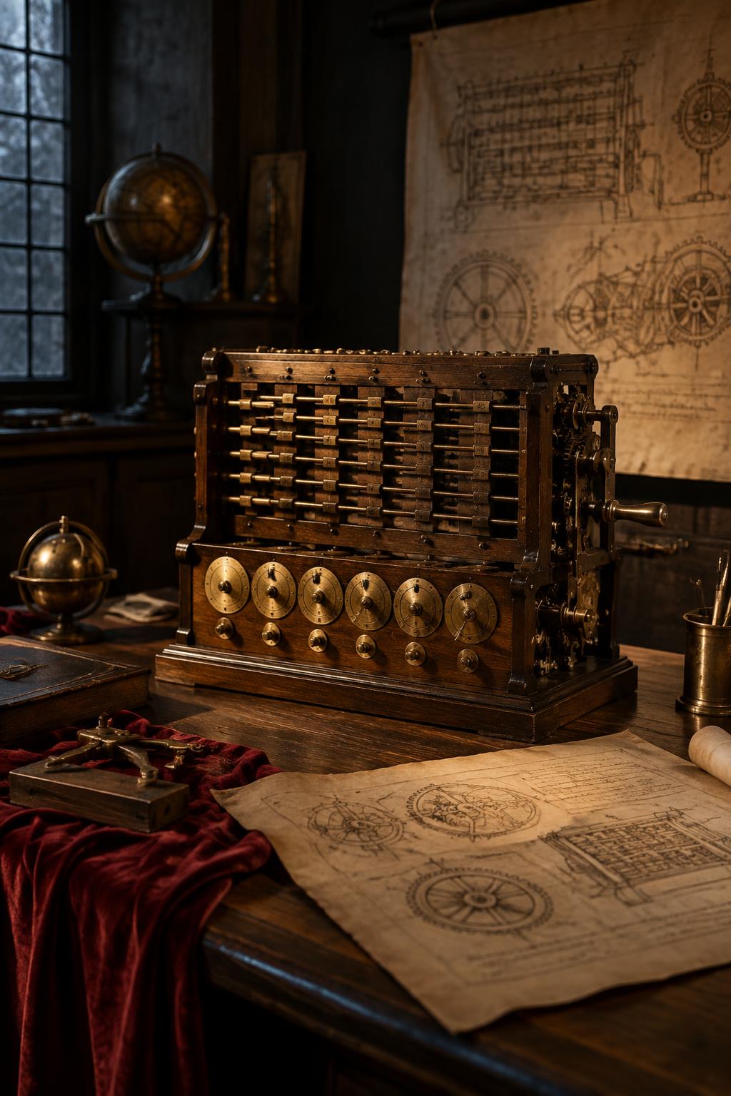 Historische Rechenuhr mit Zahnrädern, Museumsvitrine in warmem Licht