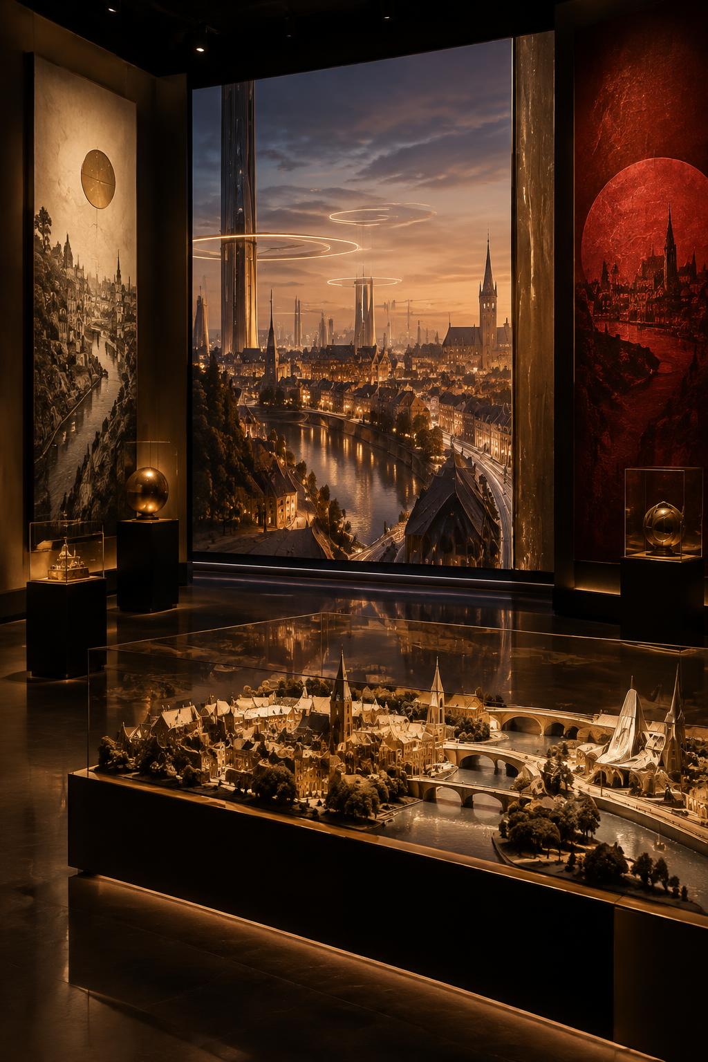 Stadtsilhouette mit warmen Lichtern zwischen historischen Dächern